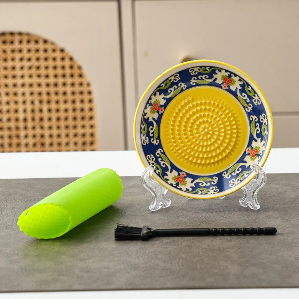 Ceramic Garlic Ginger Grater Plate with Brush & Peeler