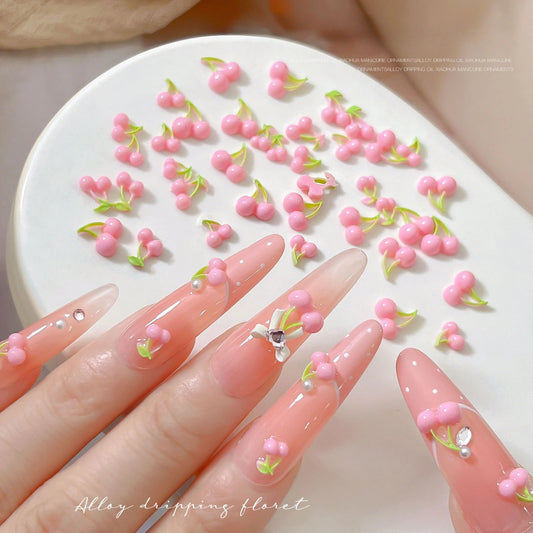 50pcs 3D Cherry Nail Charms – Pink Resin Fruit Nail Art Decor 3D Nail Charms Peaceful Pleasures Health and Wellness
