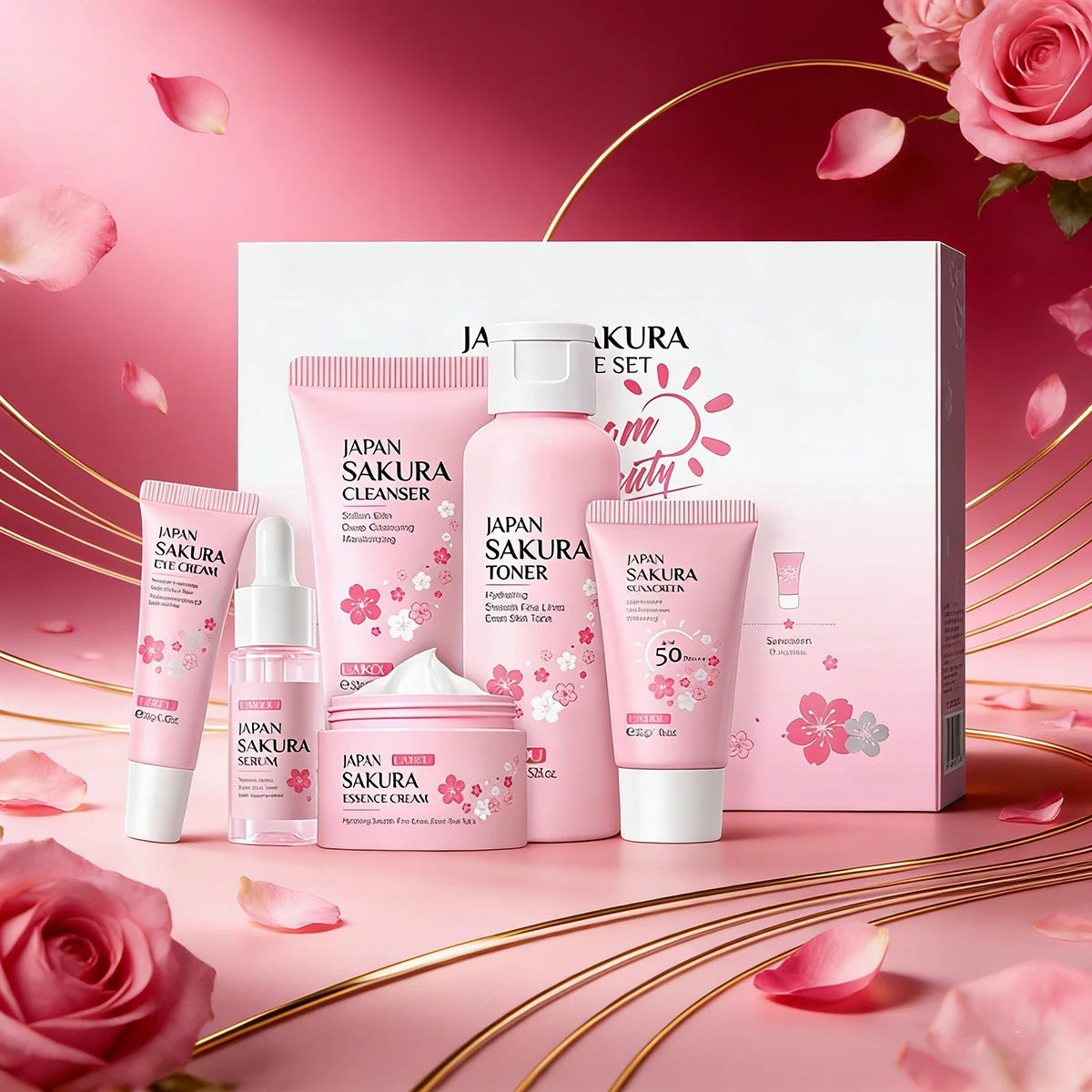 Sakura 6-Piece Skin Care Set – Cleanser, Toner, Serum, Eye Cream, Moisturizer & Sunscreen Peaceful Pleasures Health and Wellness