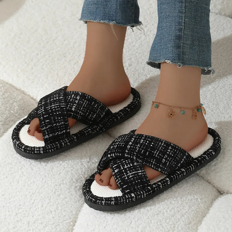 Women's Anti-Slip Cross Strap Flat Slides & Summer Slippers