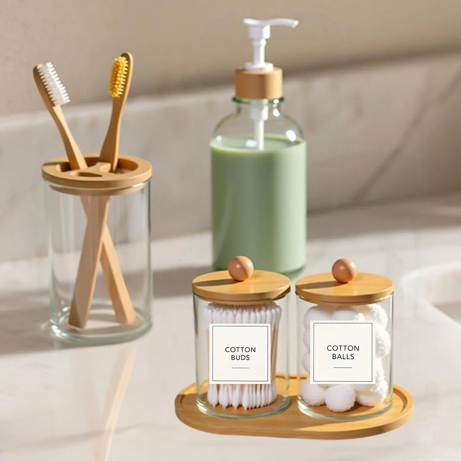 5-Piece Bamboo Bathroom Accessories Set with Tray – Soap Dispenser, Toothbrush Holder & Q-tip Jars