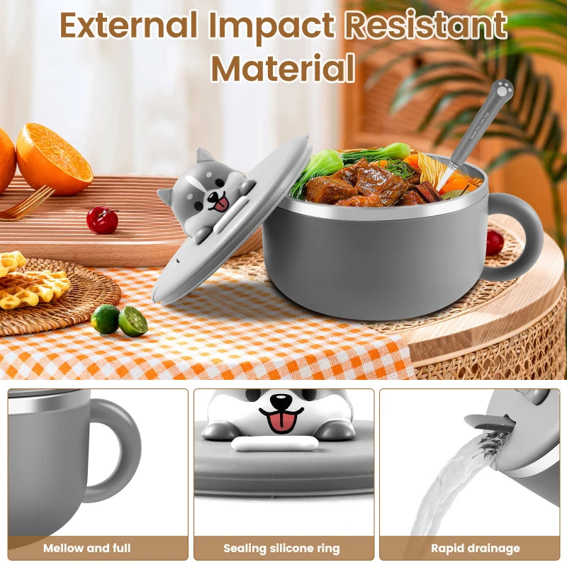 1200ml Ramen Bowl With Lid Stainless Steel Instant Noodle Cooker Fruit Salad Rice Soup Bowl Large Lunch Box Kitchen Accessories Peaceful Pleasures Health and Wellness