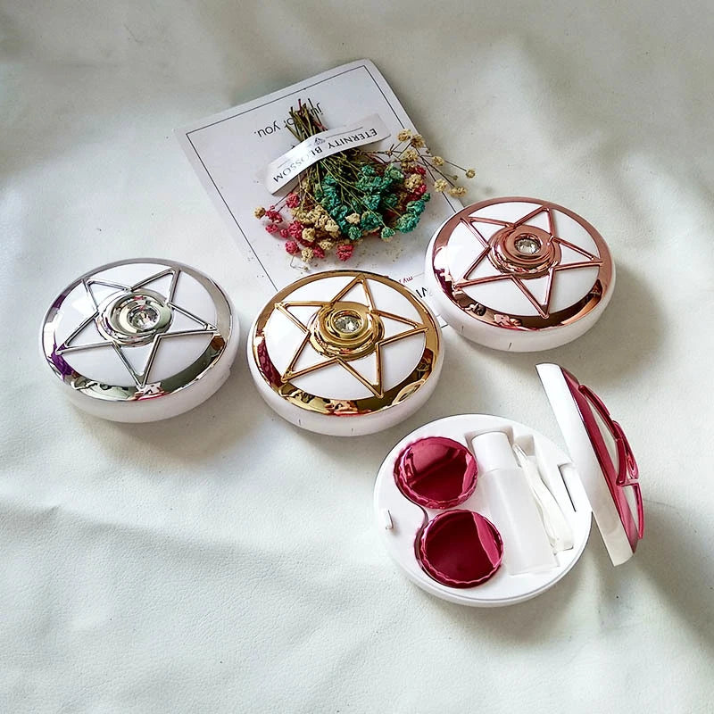 Contact lens travel set, star diamond contact lens case with cleaner, with mirror, tweezers, removal tool, fluid bottle, 2PCS Peaceful Pleasures Health and Wellness
