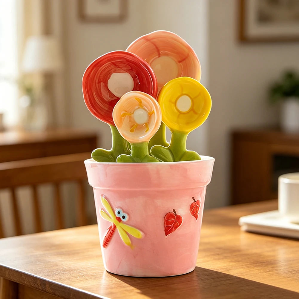 Ceramic Flower Measuring Spoons Holder Set With Holder,Charming Kitchen Decor For Room Decor,For Baking Cooking Accesories﻿ Peaceful Pleasures Health and Wellness