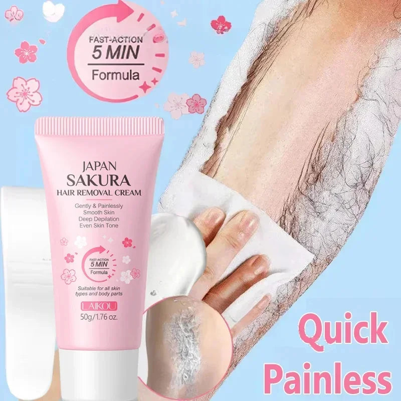 LAIKOU Sakura Hair Removal Cream Fast Painless Hair Growth Inhibitor Arm Armpit Legs Intimate Areas for Men Woman 50g Peaceful Pleasures Health and Wellness