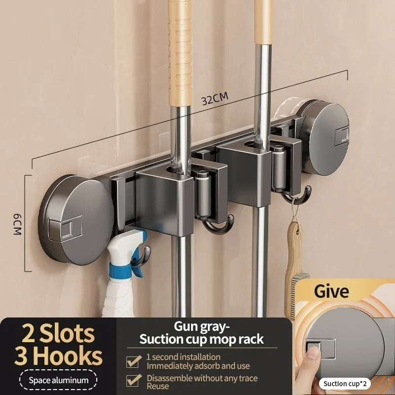No-Drill Suction Cup Mop Rack Wall-Mounted Holder with 6 Hooks
