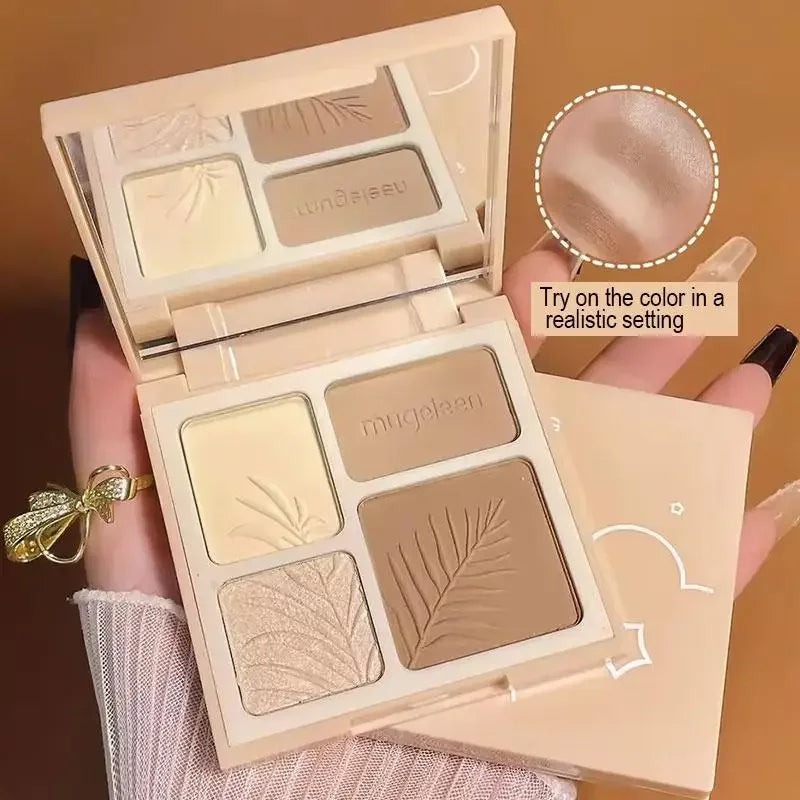 4-Colors Highlight & Contour Palette with Mirror Matte Highlighter Contour Natural Glow Contour Powder Face Makeup for Beginners Peaceful Pleasures Health and Wellness