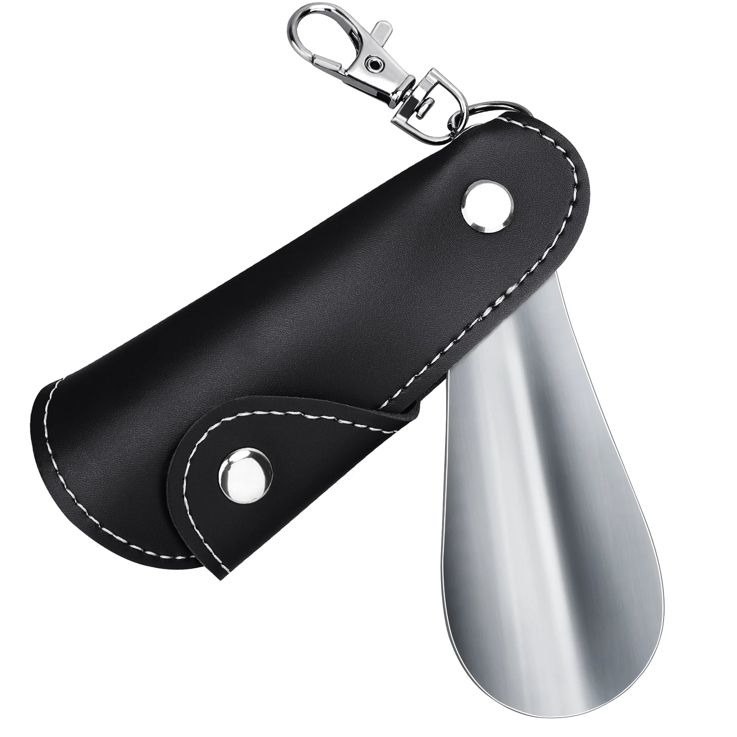 Mini Metal Shoe Horn with Leather Handle & Keychain Clip