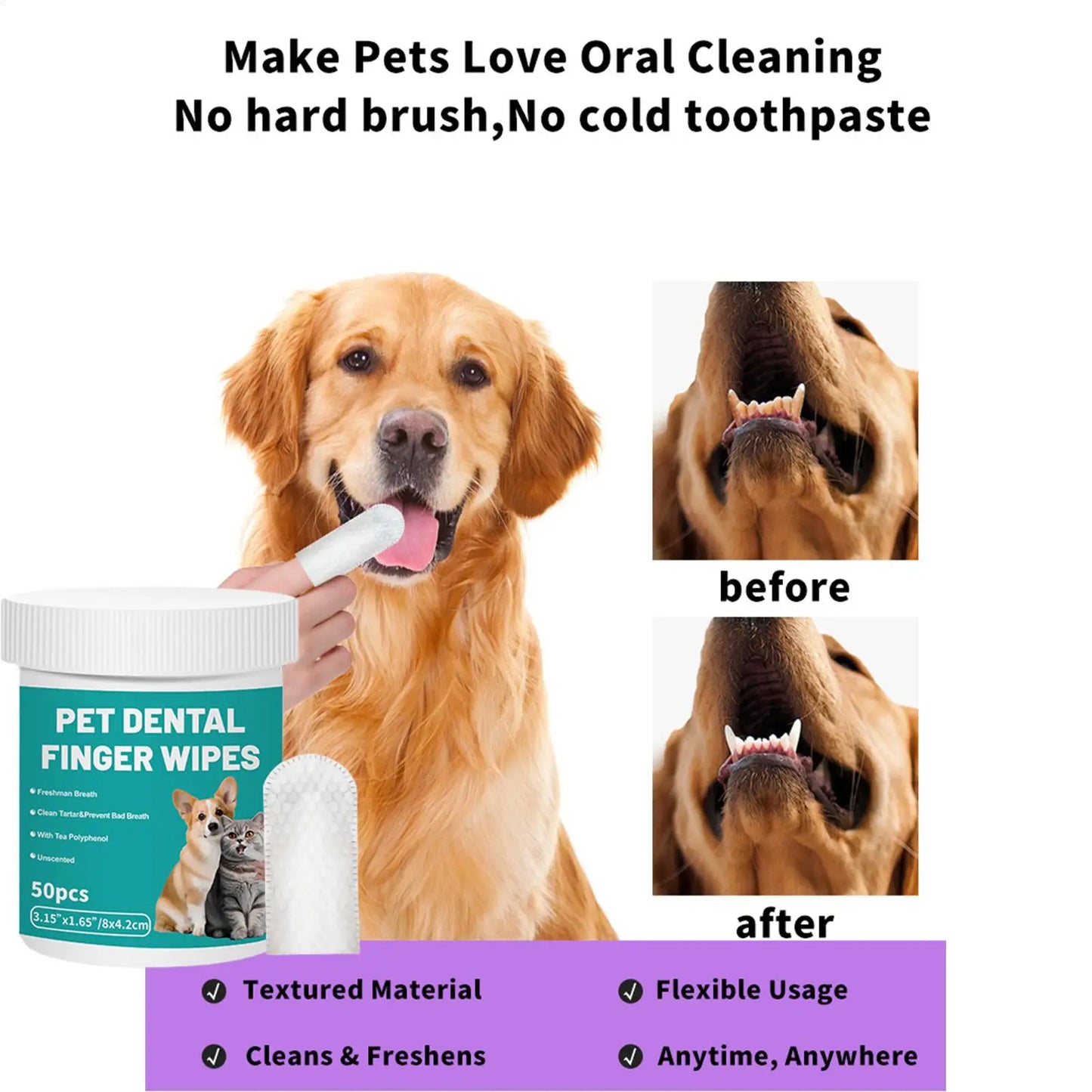 Dog & Cat Teeth Cleaning Finger Wipes 50pcs | Fresh Breath
