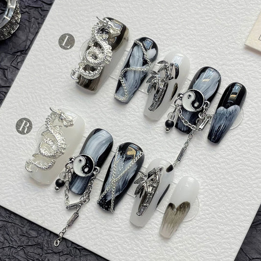 Handmade Press on Nails with Rhinestone Loong Bamboo Design False Nails for Women Wearable Chinese Ballet Head Fake Nail Tips Peaceful Pleasures Health and Wellness XS