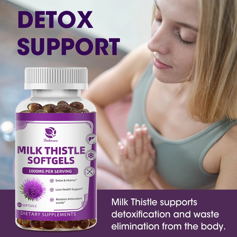 Supplement bottle labeled 'Milk Thistle Softgels' with a woman in the background, emphasizing detox support.