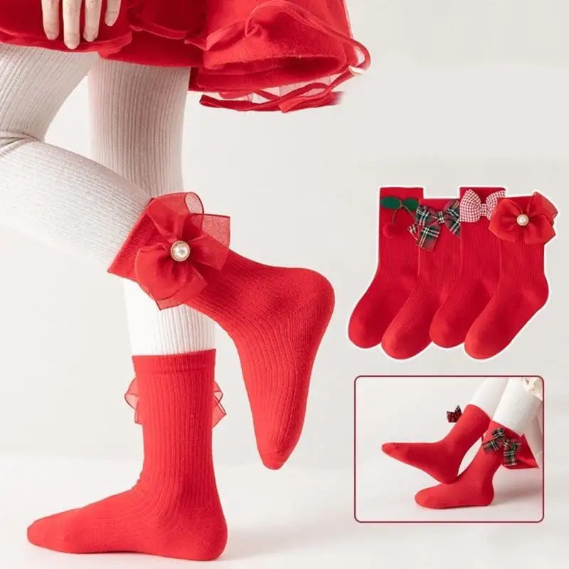 Girls Cotton Bowknot Socks 4-Pack | Middle Calf Kids Socks