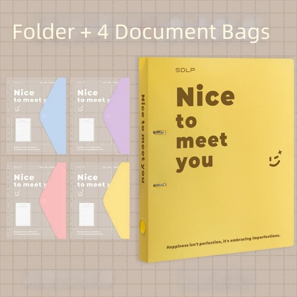 PP Loose Leaf File Bag Set Detachable Waterproof 2 Hole Binder Folders Large Capacity Test Paper Storage Clip School Supplies Peaceful Pleasures Health and Wellness Yellow