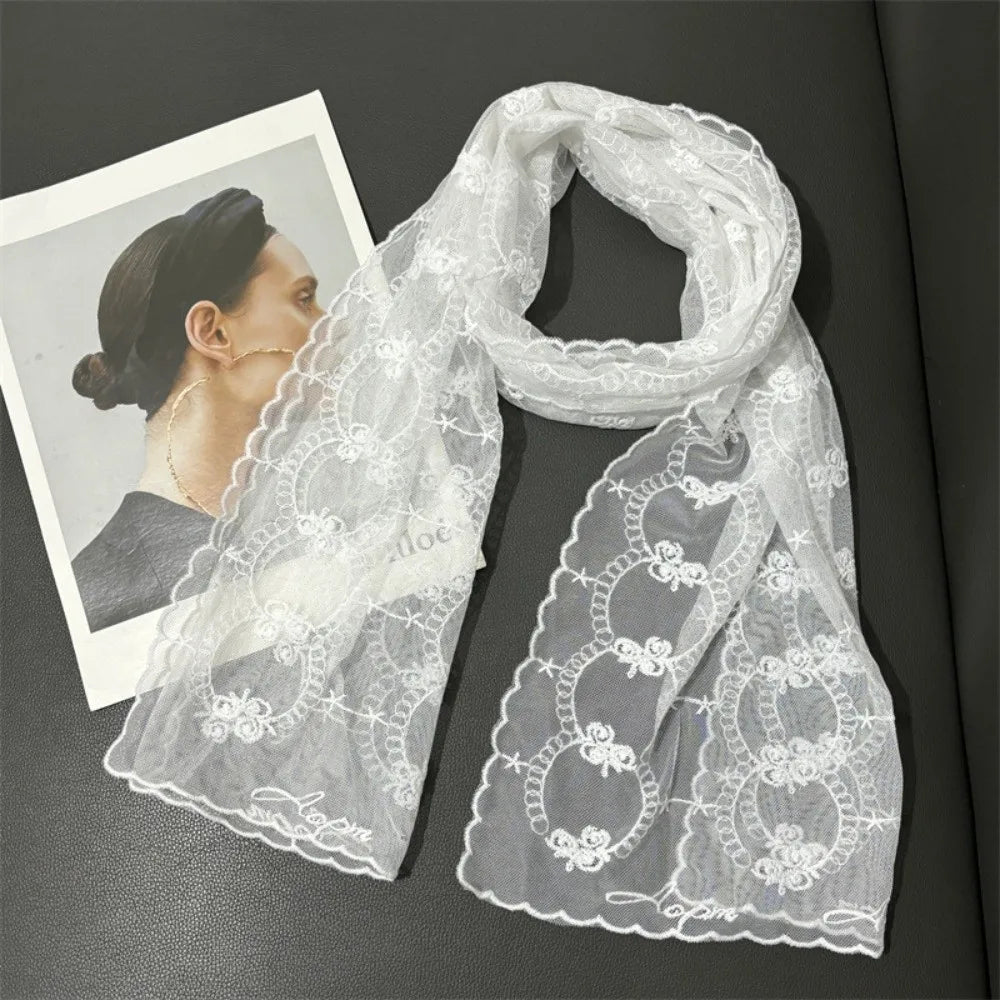 Retro Floral Lace Scarf – Breathable Mesh Shawl for Women