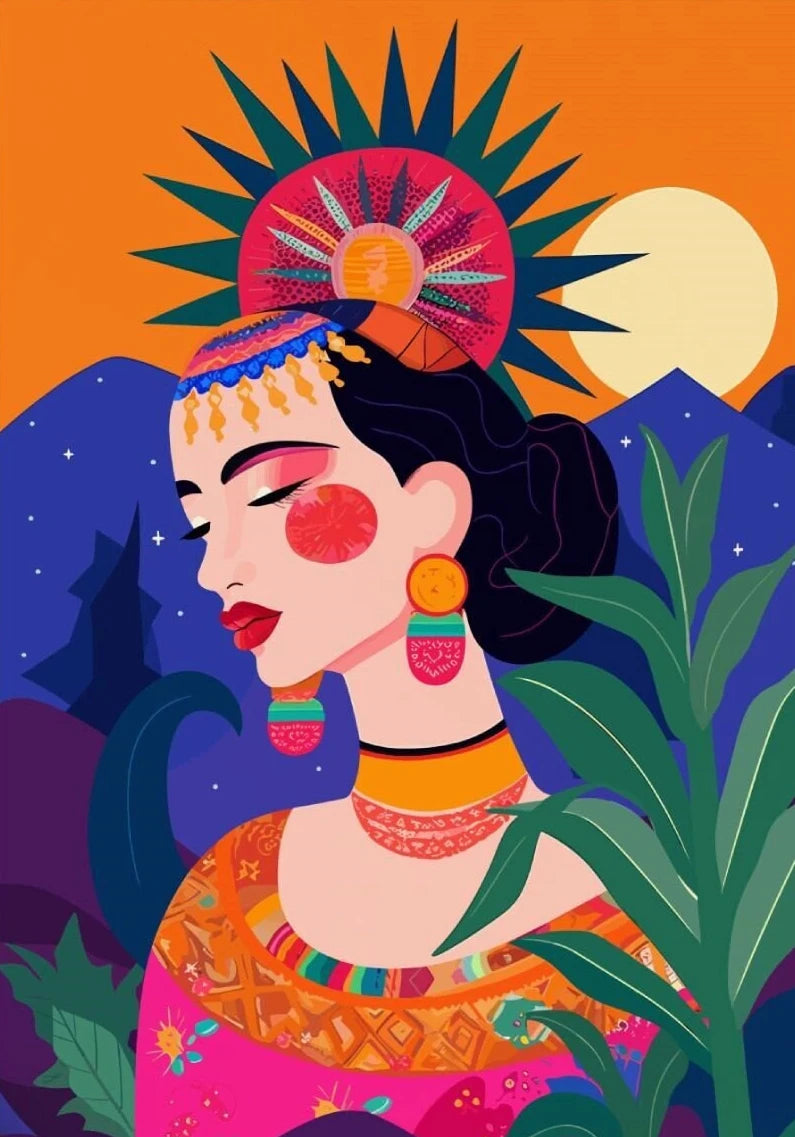 Latina Woman Floral Canvas Wall Art | Ethnic Maximalist Print