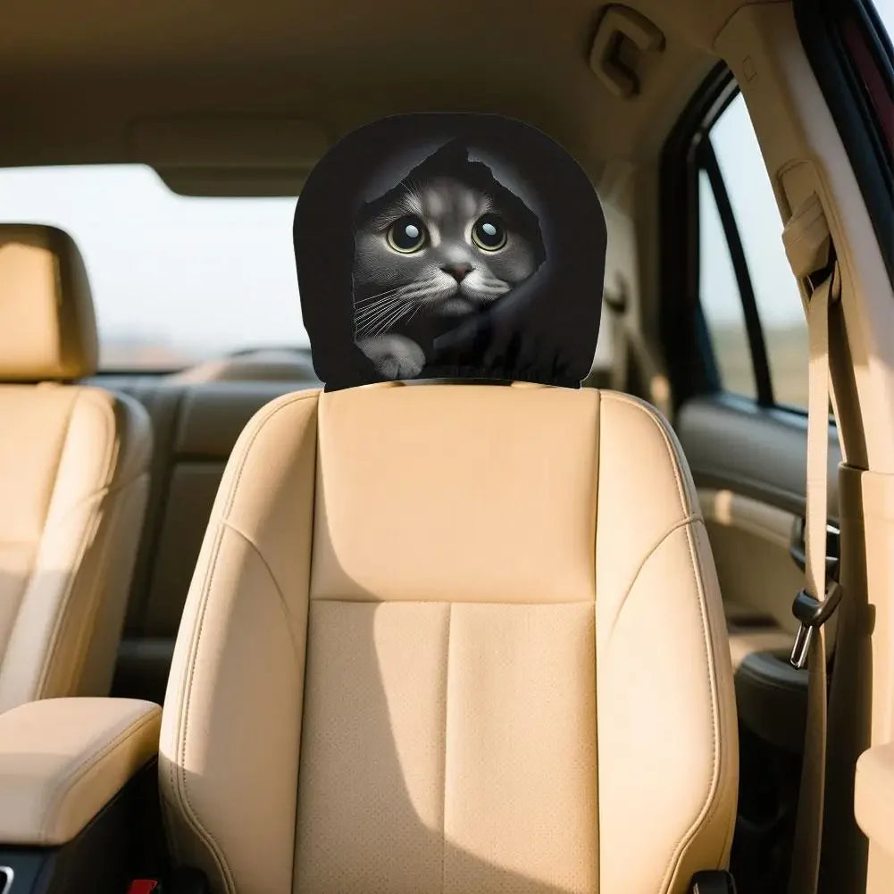 2 pieces of realistic car headrest covers with cute cats showing their faces, washable and stretchable, car interior decoration Peaceful Pleasures Health and Wellness