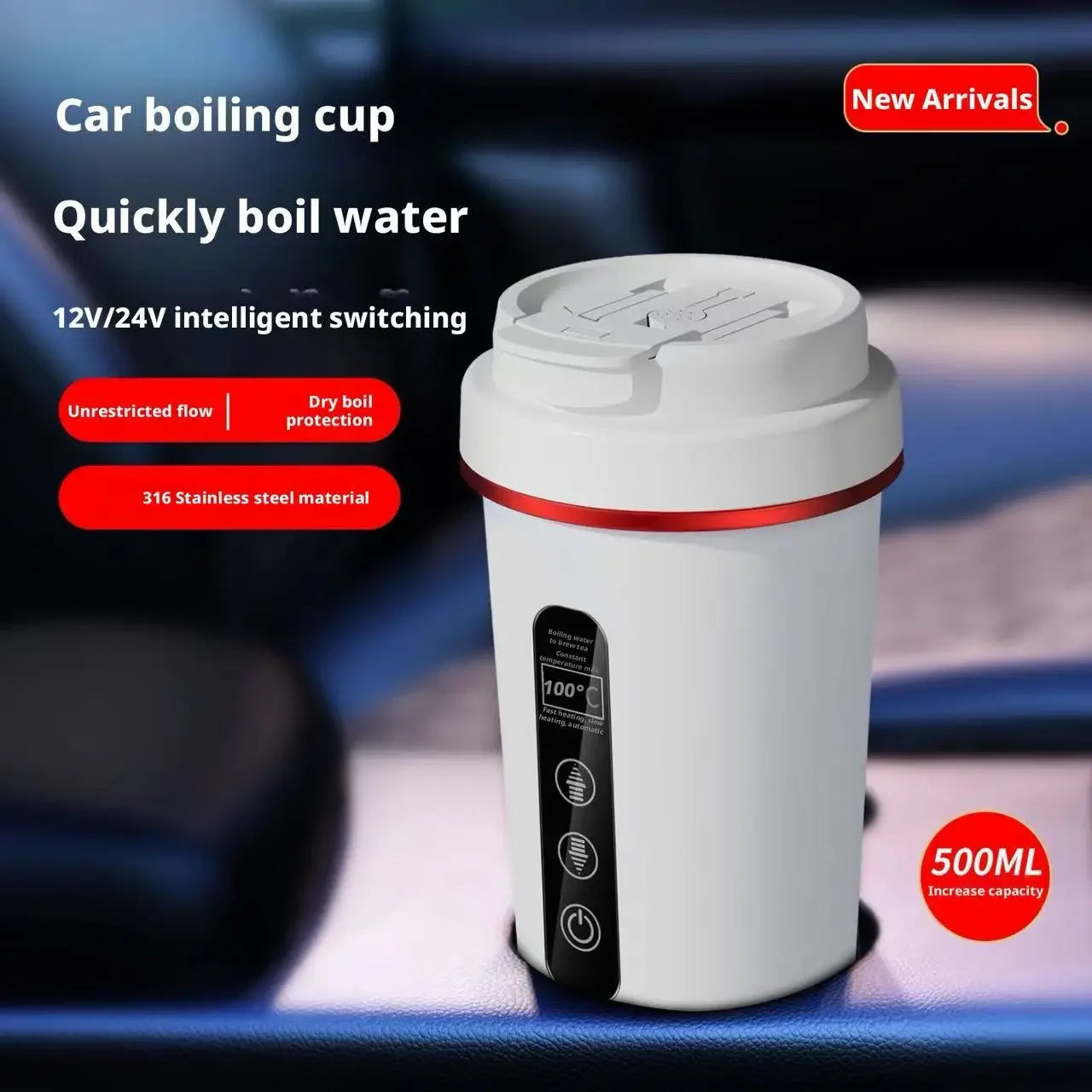Car Electric Kettle 12V24V Universal for Car Truck 316 Stainless Steel Inner Liner Portable Heating Insulation Truck 500ML Large Peaceful Pleasures Health and Wellness