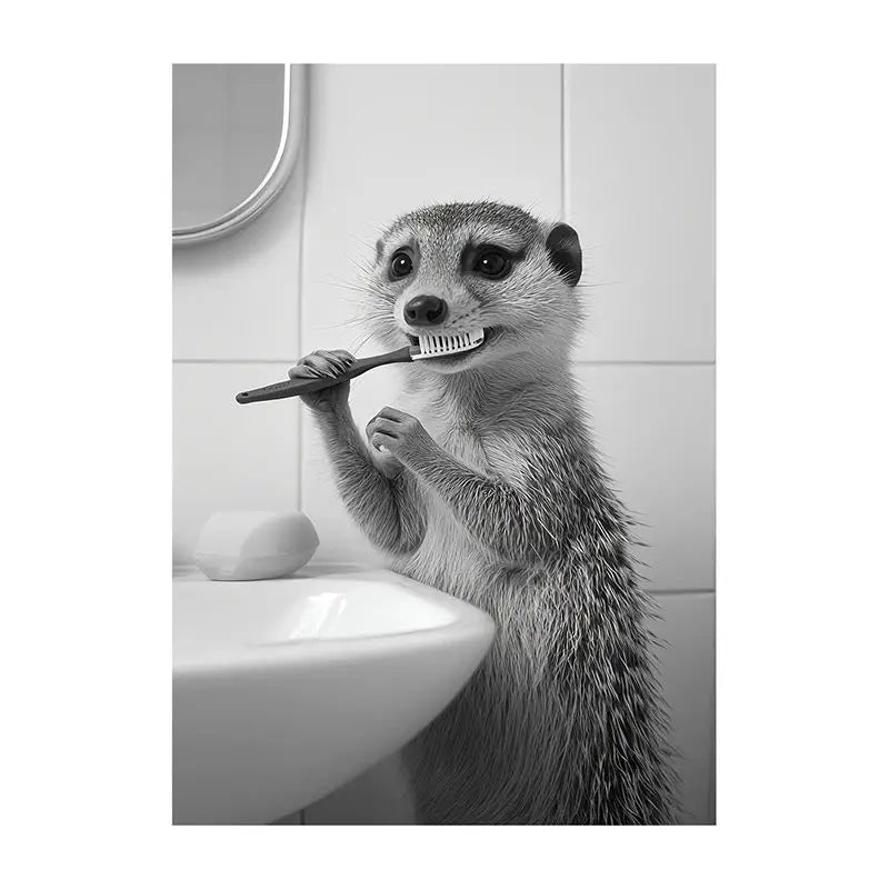 Funny Bathroom Animal Canvas Wall Art | Vintage Brushing Teeth