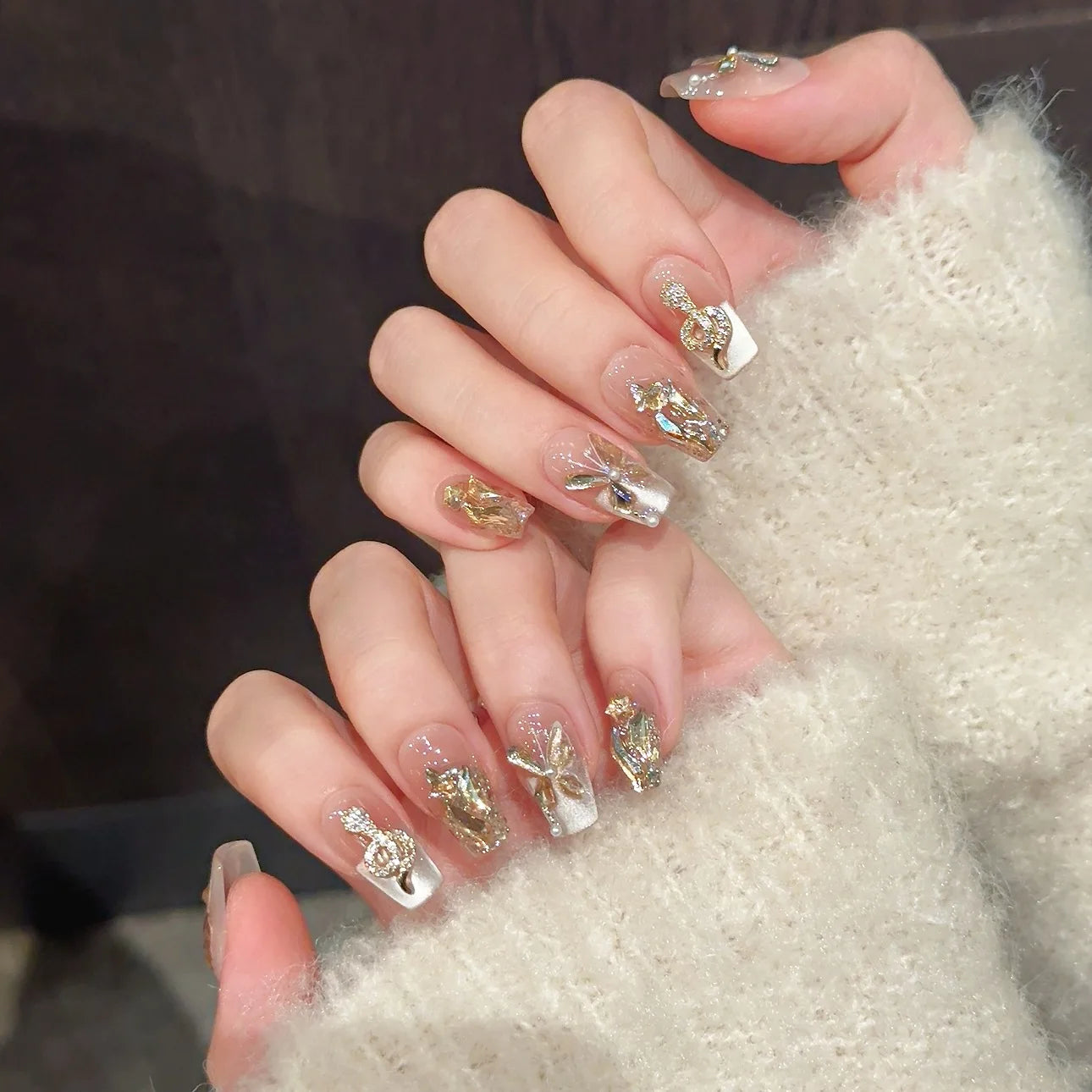 Handmade French Cat Eye Press on Nails Glitter Champagne Crystal Butterfly False Nails 3d Rhinestone Snake New Year Fake Nails Peaceful Pleasures Health and Wellness XS 3