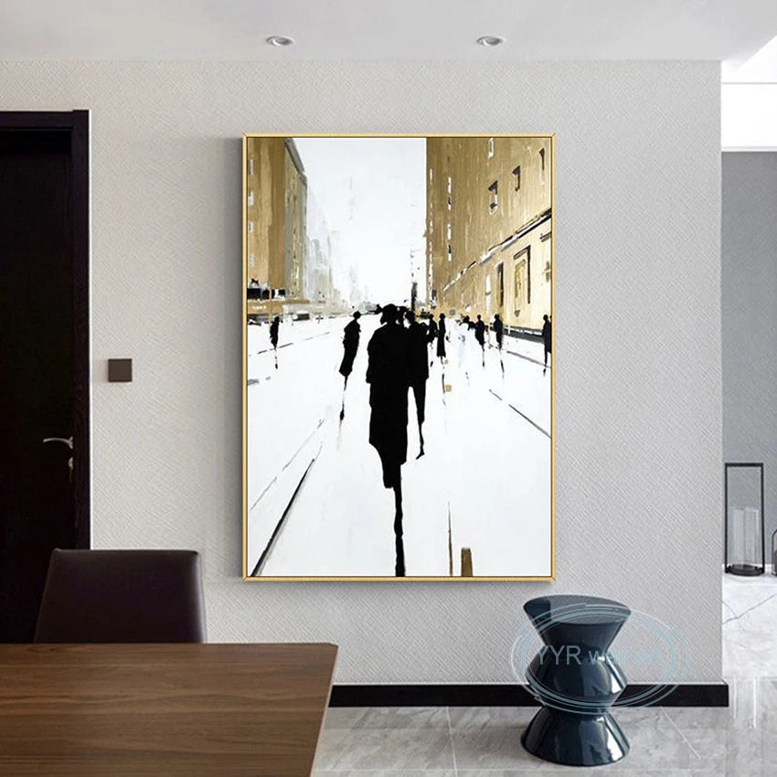 New Abstract Gold Foil Street Scene Oil Painting Custom Wall Art Decoration Hanging Picture High Quality Handmade Canvas Poster Peaceful Pleasures Health and Wellness