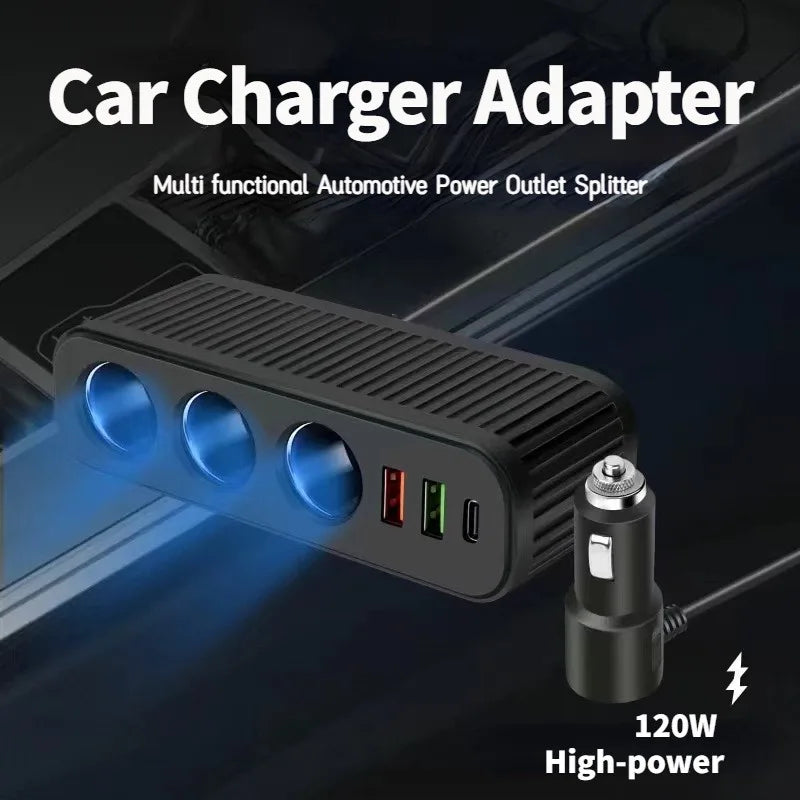 120W 6-in-1 Car Charger Splitter – QC3.0 & PD Fast Charging