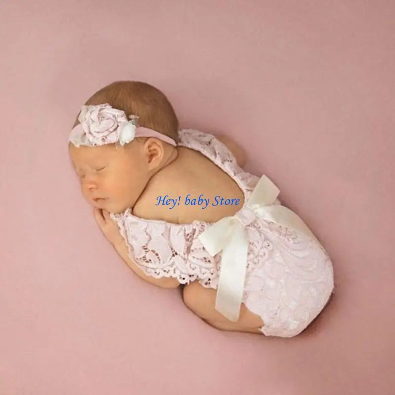 Newborn Photography Props – Lace Romper & Headband Bow 0-1M