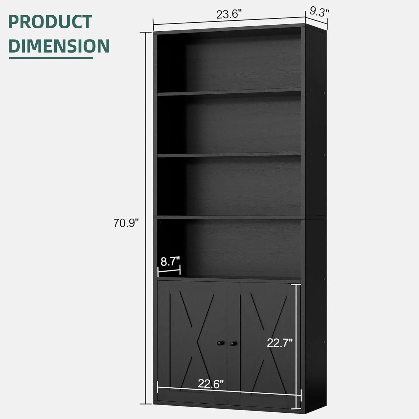 Black bookshelf with dimensions labeled on a white background