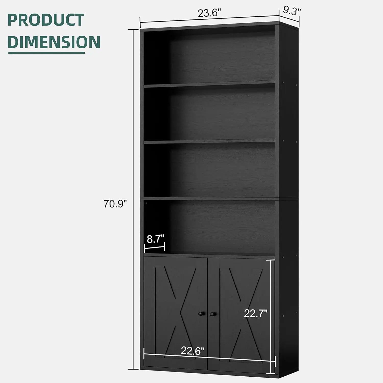 Black bookshelf with dimensions labeled on a white background