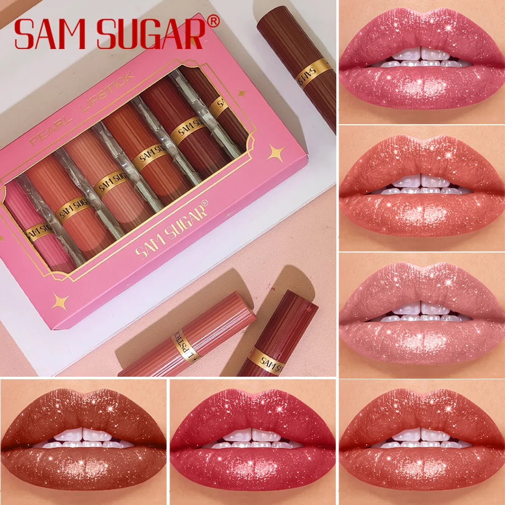6-Piece Diamond Shimmer Lipstick Set – Metallic Glitter Lip Gloss