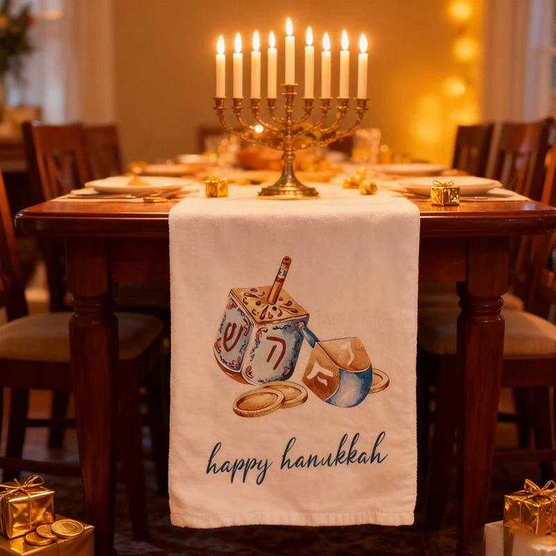 Happy Hanukkah Cotton Tea Towel – Dreidel & Coins Flour Sack Holiday Kitchen Towel Peaceful Pleasures Health and Wellness
