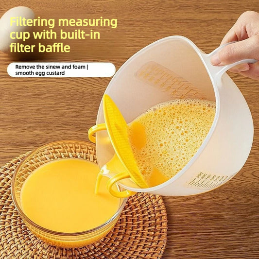 Food Grade Egg Liquid Filter Measuring Cup with Graduated and Diversion Port Egg Beater Cup for Rice Washing and Fruit Cleaning Peaceful Pleasures Health and Wellness