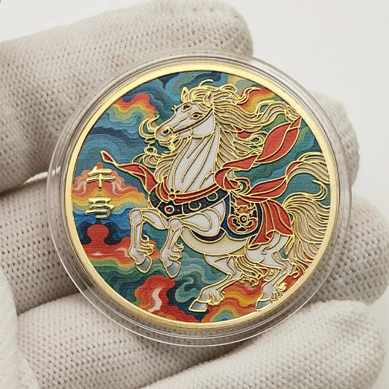 1PCS Colorful Twelve Zodiac Commemorative Medals Golden Coins Pig Dog Chicken Monkey Sheep Snake Horse Dragon Tiger Rabbit Gifts Peaceful Pleasures Health and Wellness horse