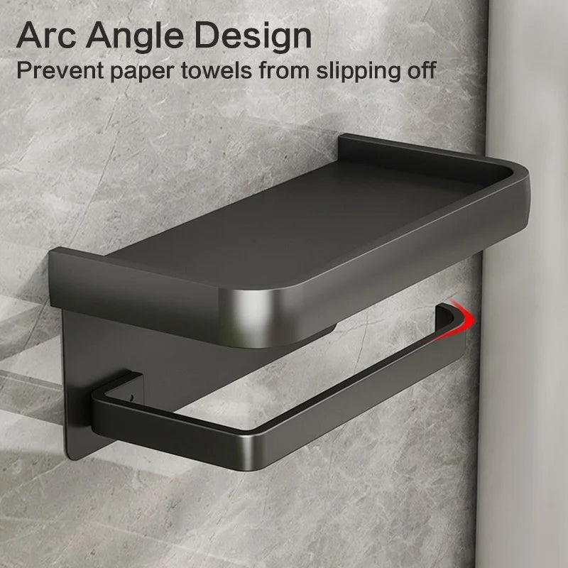 Wall-Mounted Aluminum Toilet Paper Holder with Phone Shelf Toilet Paper Holder Peaceful Pleasures Health and Wellness