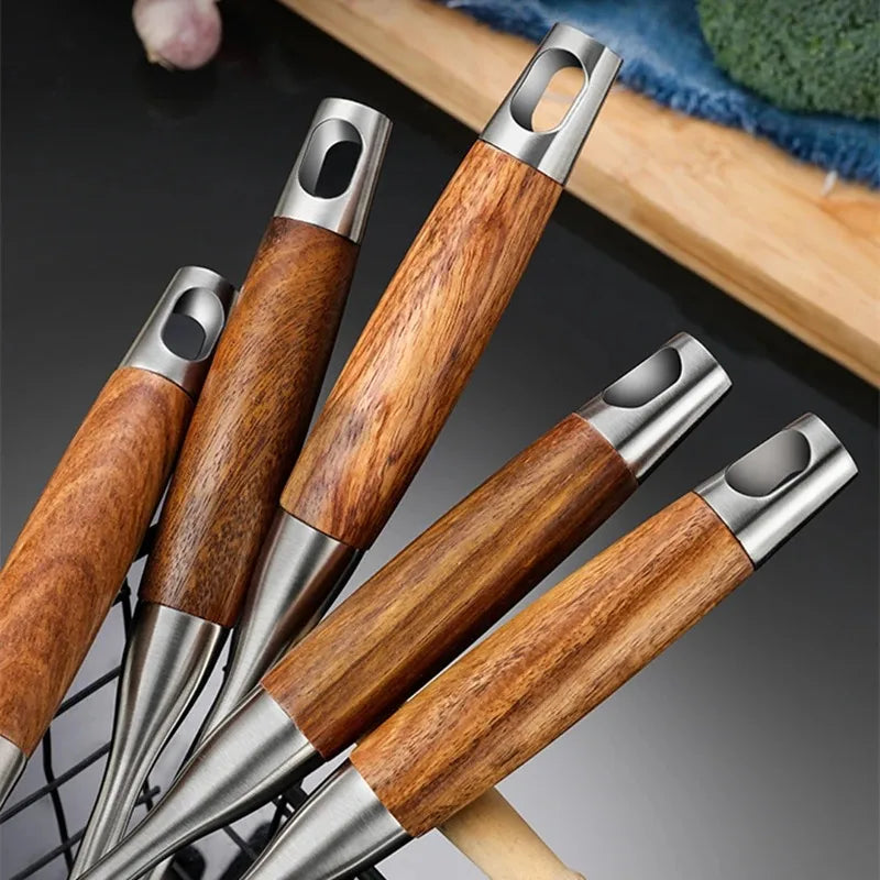 Rosewood Handle Stainless Steel Cookware Set Kitchen Durable Wok Spatula Colander Shovel Cooking Utensil Kitchenware Accessories