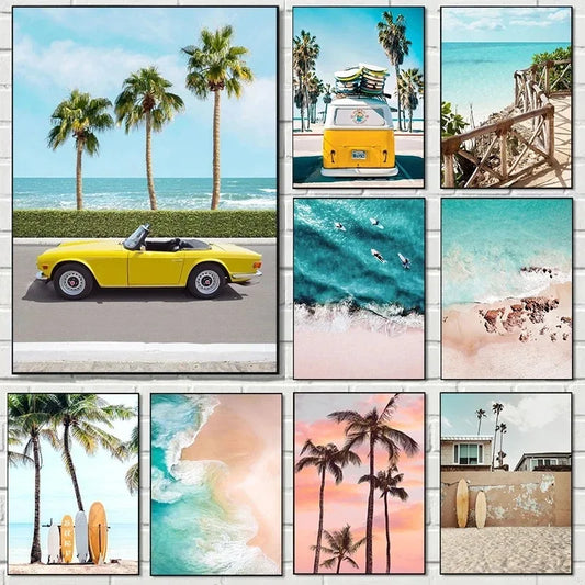 Summer Sunshine Beach Surf Palm Trees Sea View Poster Canvas Paintings Wall Art Pictures Home Decor Peaceful Pleasures Health and Wellness
