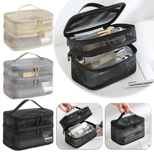 Double Layer Mesh Cosmetic Bag Women's Portable Makeup Toiletry Organiser Pouch With Zipper Large Makeup Pouch For Business Trip Peaceful Pleasures Health and Wellness