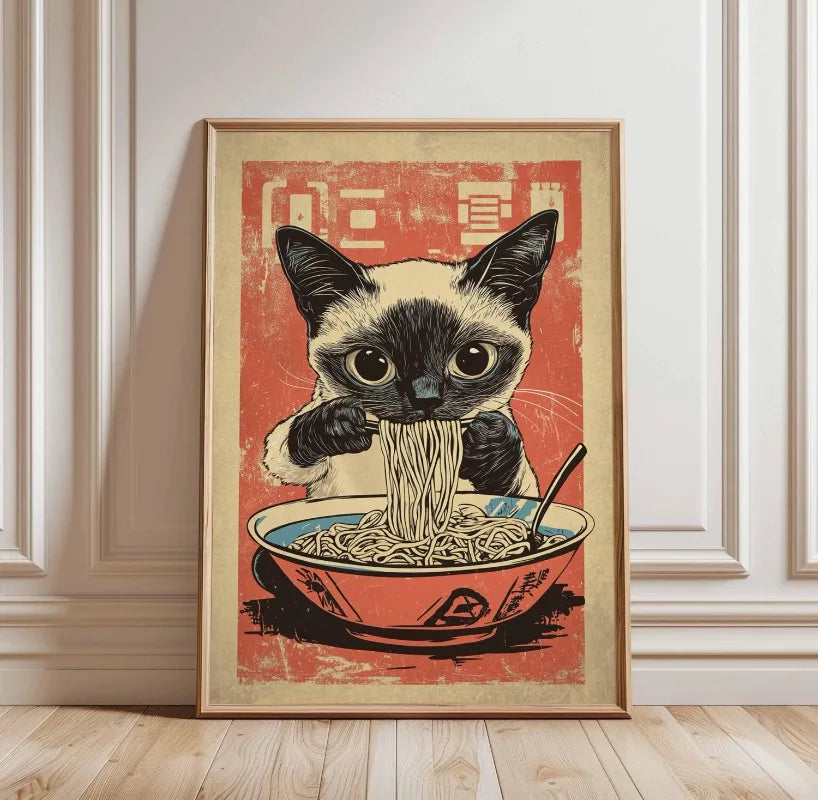 Black Cat Ramen Japanese Food Noodle Ginger Cat Poster Print Wall Art Pictures Canvas Painting Living Room Home Wall Decoration Peaceful Pleasures Health and Wellness TL2898 20x30cm Unframed