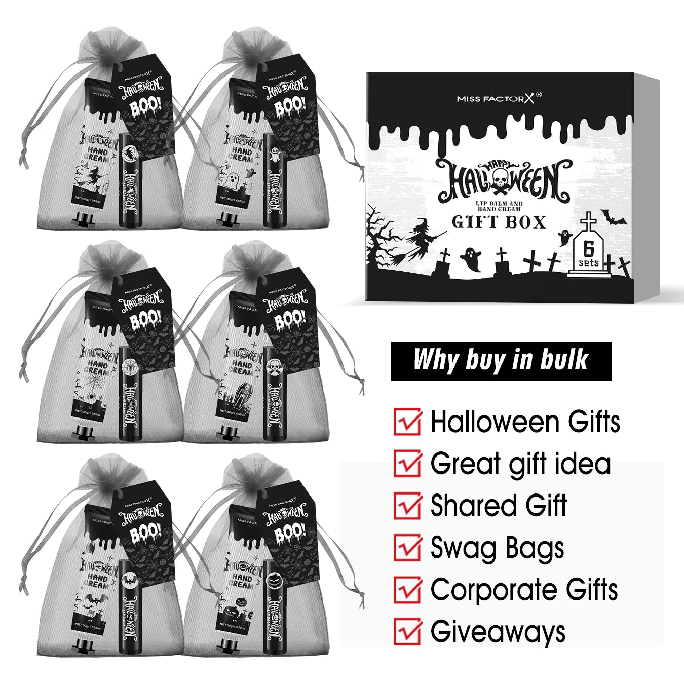 24PCS Halloween gift set (6 hand creams+6 lipstick) Each set includes a Halloween card and gift yarn bag Peaceful Pleasures Health and Wellness