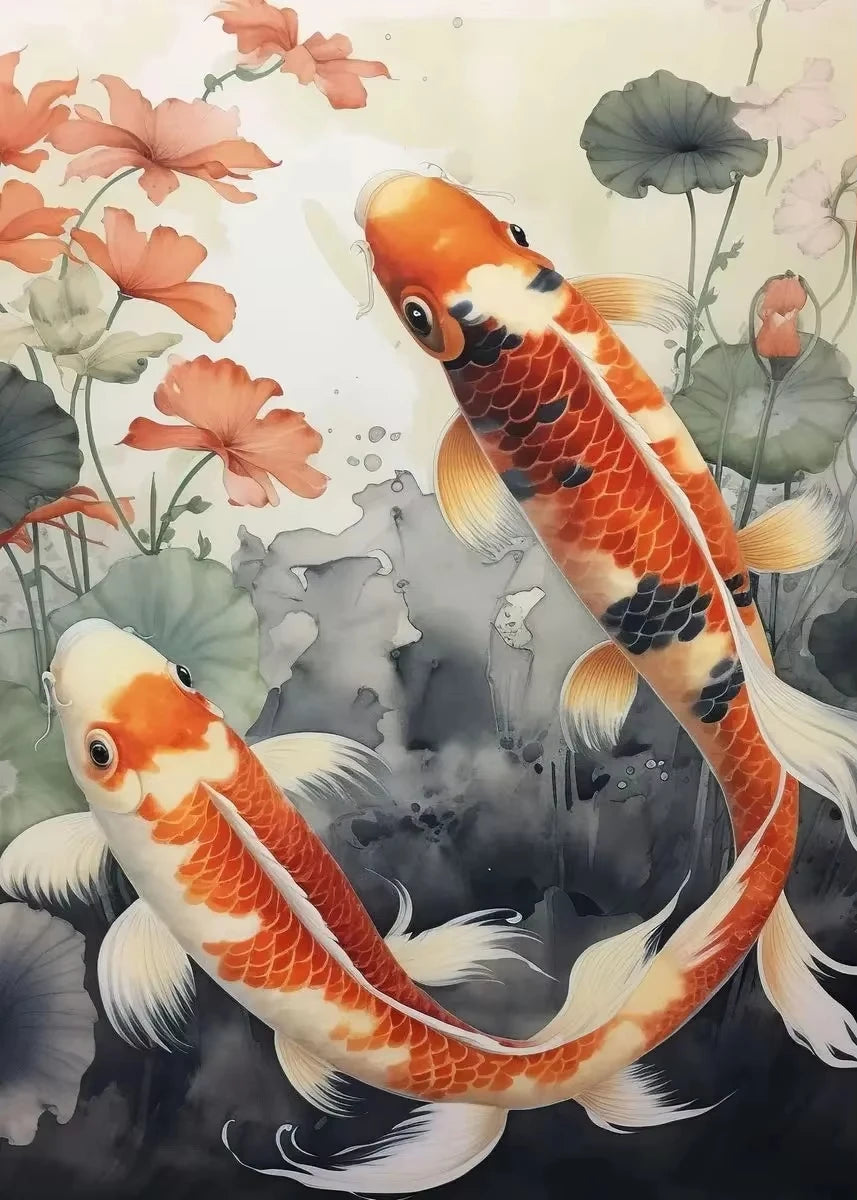 Red Koi Fish Lotus Canvas Wall Art | Good Luck Home Decor