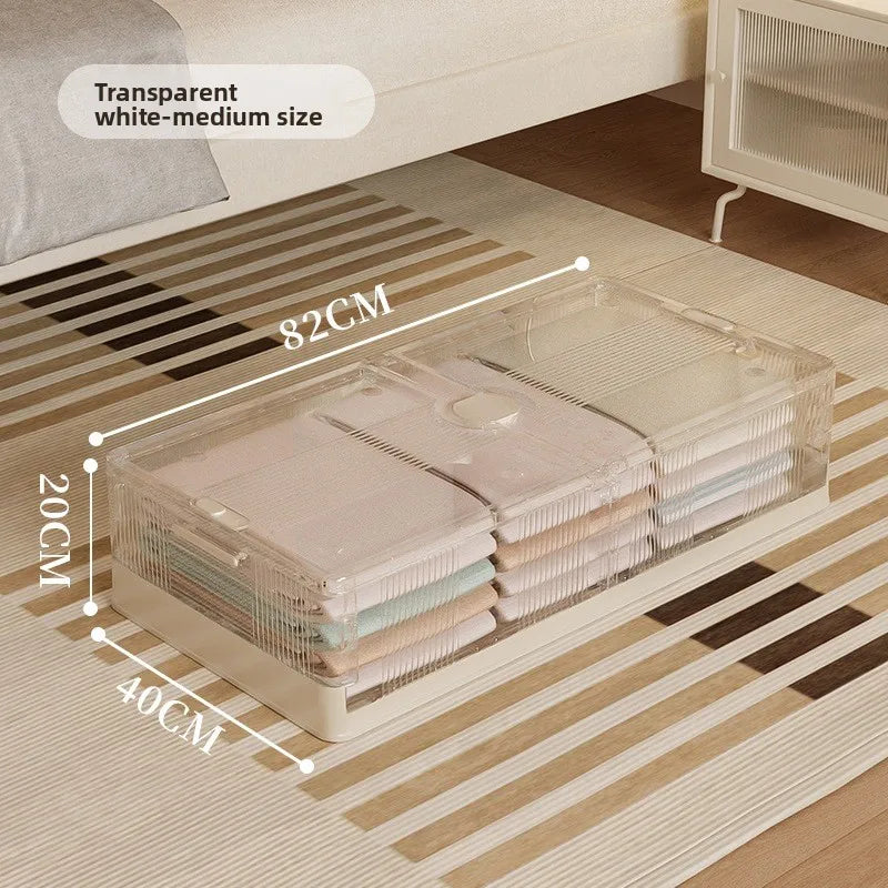 Under Bed Storage Box Foldable Plastic Transparent Extra Large with Wheels Dustproof Toy Clothes Blanket Organizer Peaceful Pleasures Health and Wellness M White