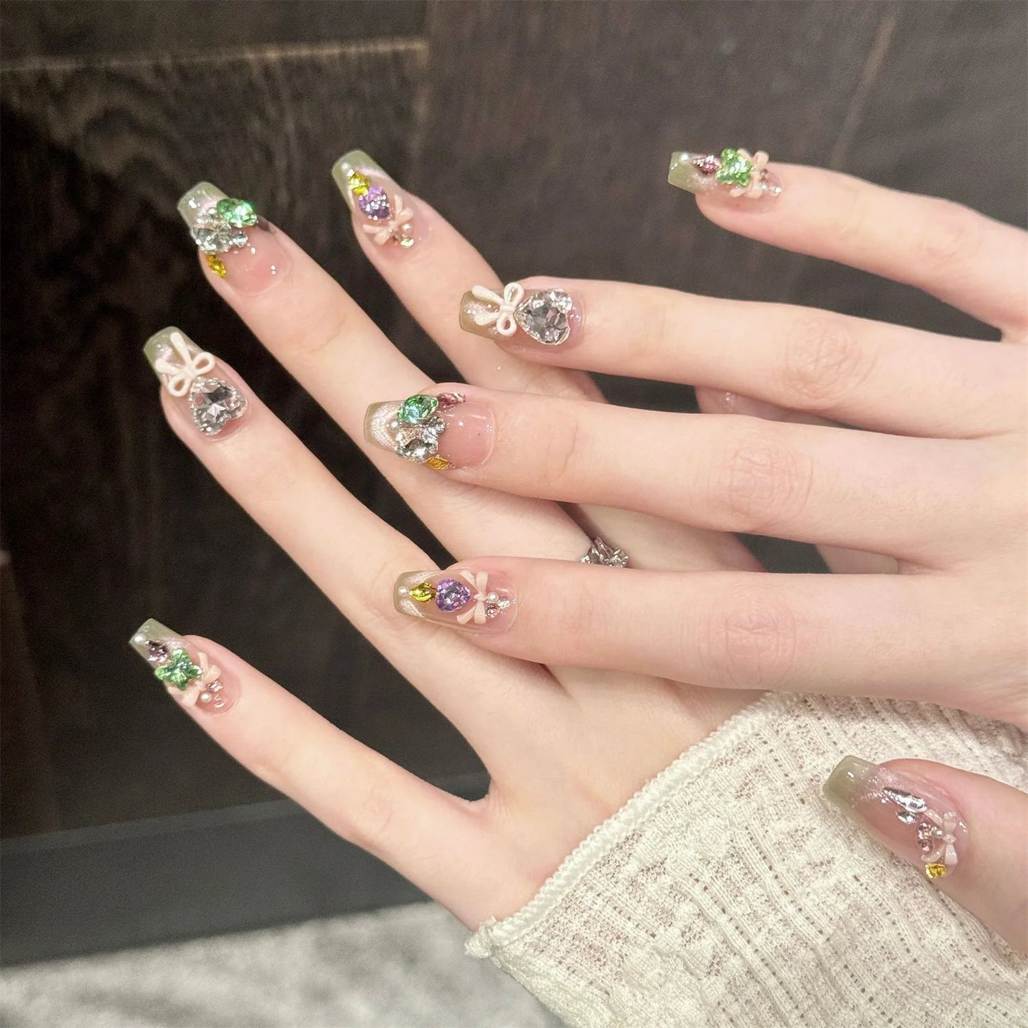 Y2K Press On Nails Pink Green Gradient Cat Eye 3D Bow Rhinestone