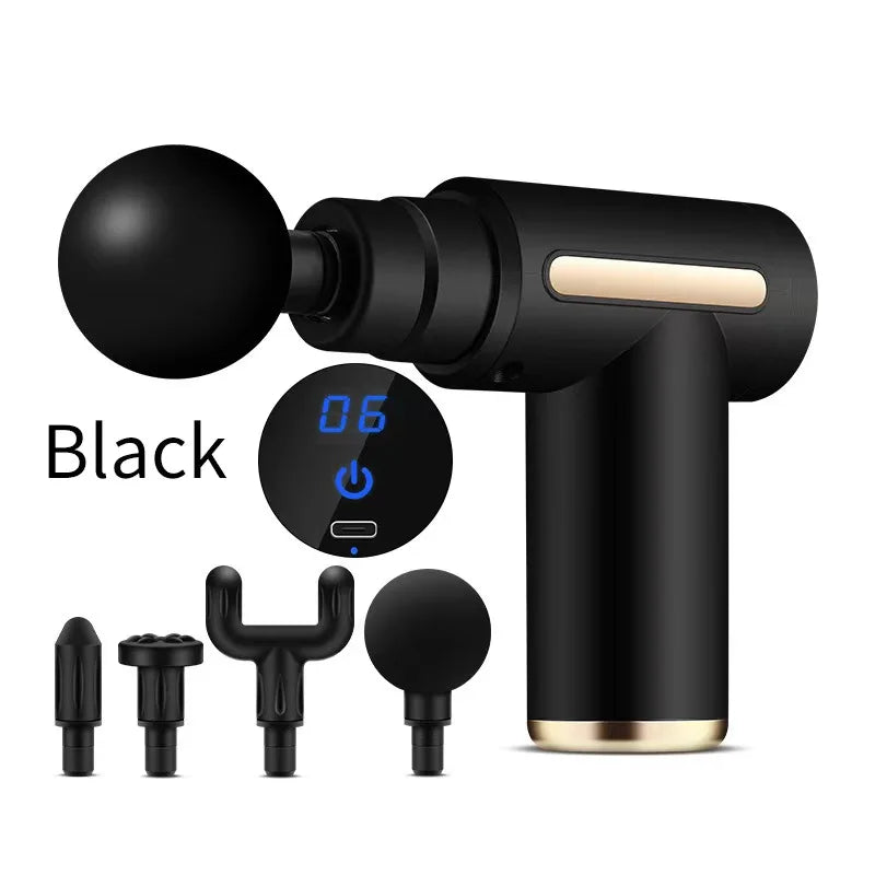 Mini Fascia Gun 6 Adjustable Speeds Portable Deep Tissue Massager With 4 Massage Heads For Muscle Relaxation Pain Relief Fitness Peaceful Pleasures Health and Wellness Black