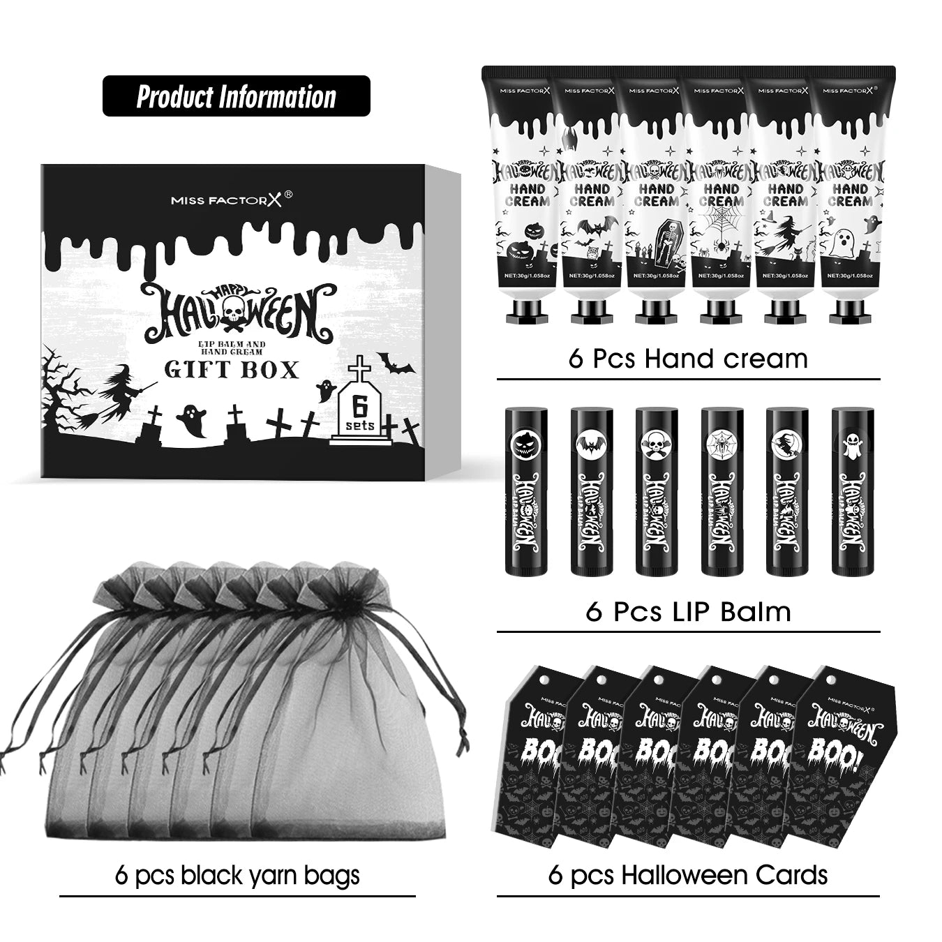 24PCS Halloween gift set (6 hand creams+6 lipstick) Each set includes a Halloween card and gift yarn bag Peaceful Pleasures Health and Wellness