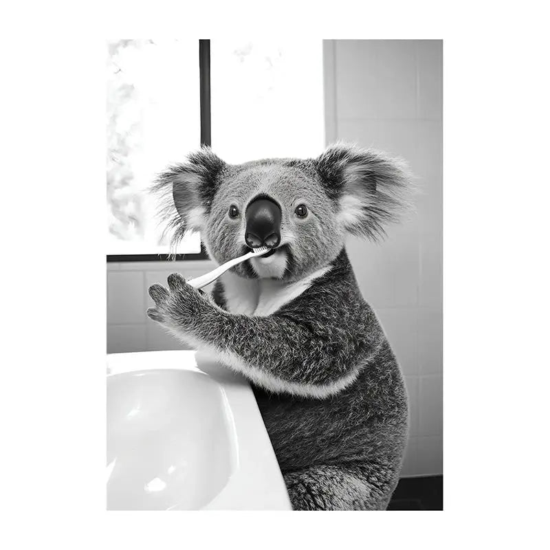 Funny Bathroom Animal Canvas Wall Art | Vintage Brushing Teeth