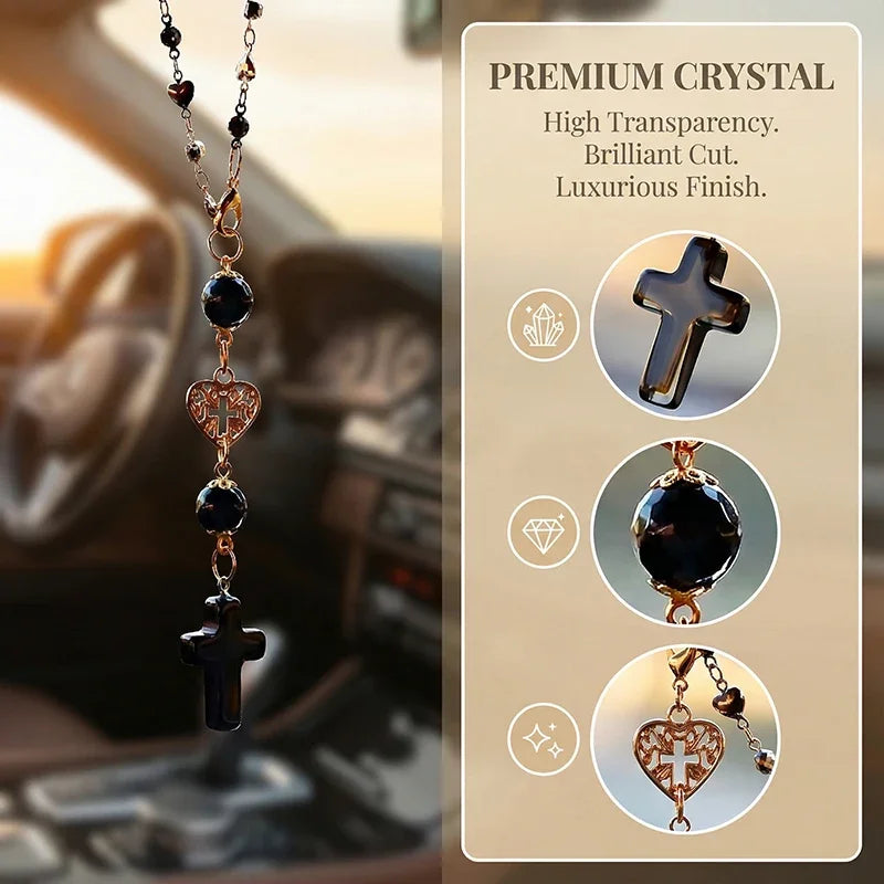 Rose Quartz Crystal Cross Rearview Mirror Charm | Car Decor