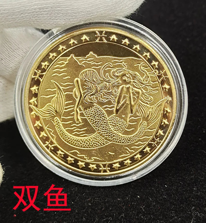 European 12 Zodiac Signs Commemorative Coin Tarot 4cm Iron Medallion Lucky Coin Wishing Coins Tooth Fairy Commemorative Coin Peaceful Pleasures Health and Wellness Pisces