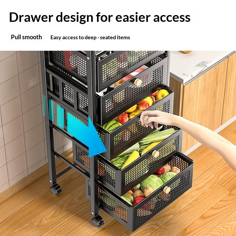 Space Saving Heavy Duty Multi Layer Rolling Fruit Vegetable Basket Storage Cart for Kitchen Floor Standing Organizer Peaceful Pleasures Health and Wellness