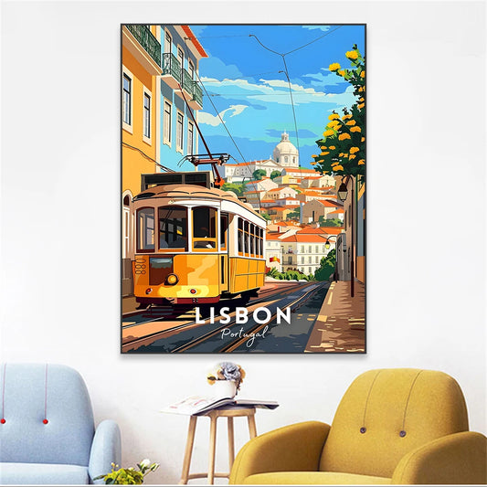 Elétricos de Lisboa Canvas Wall Art Vibrant Nature Landscape & Cityscape Poster, Modern Home Decor for Living Room Peaceful Pleasures Health and Wellness