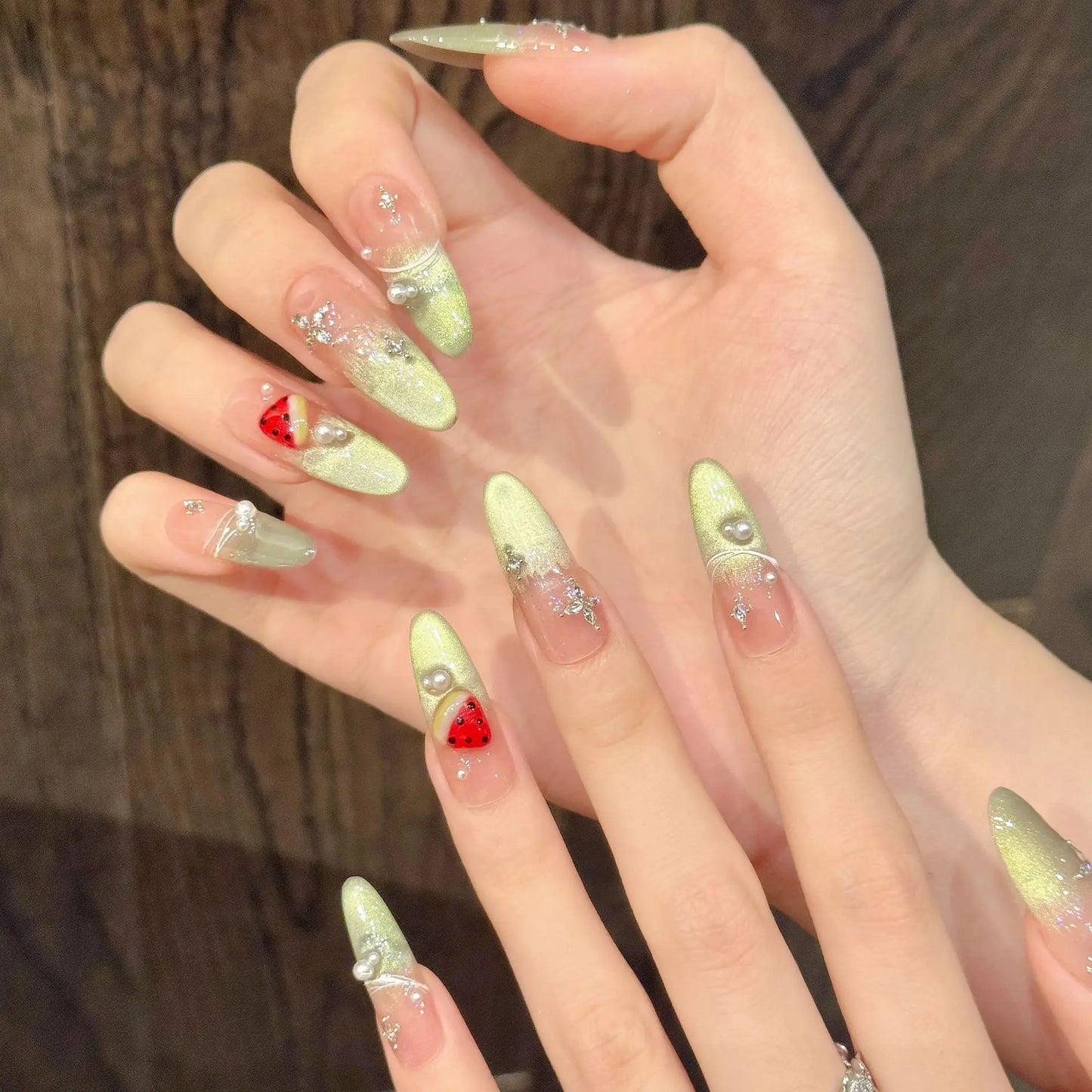 10pcs Handmade Press on Nails Summer Pink Green Almond Fake Nail Tips Women Wearable Full Cover Gradient Cat Eye False Nails Peaceful Pleasures Health and Wellness S 2