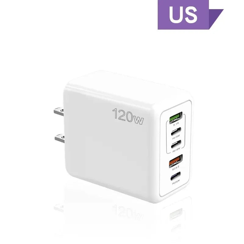 120W 5-Port USB-C PD Fast Wall Charger | Quick Charge 3.0
